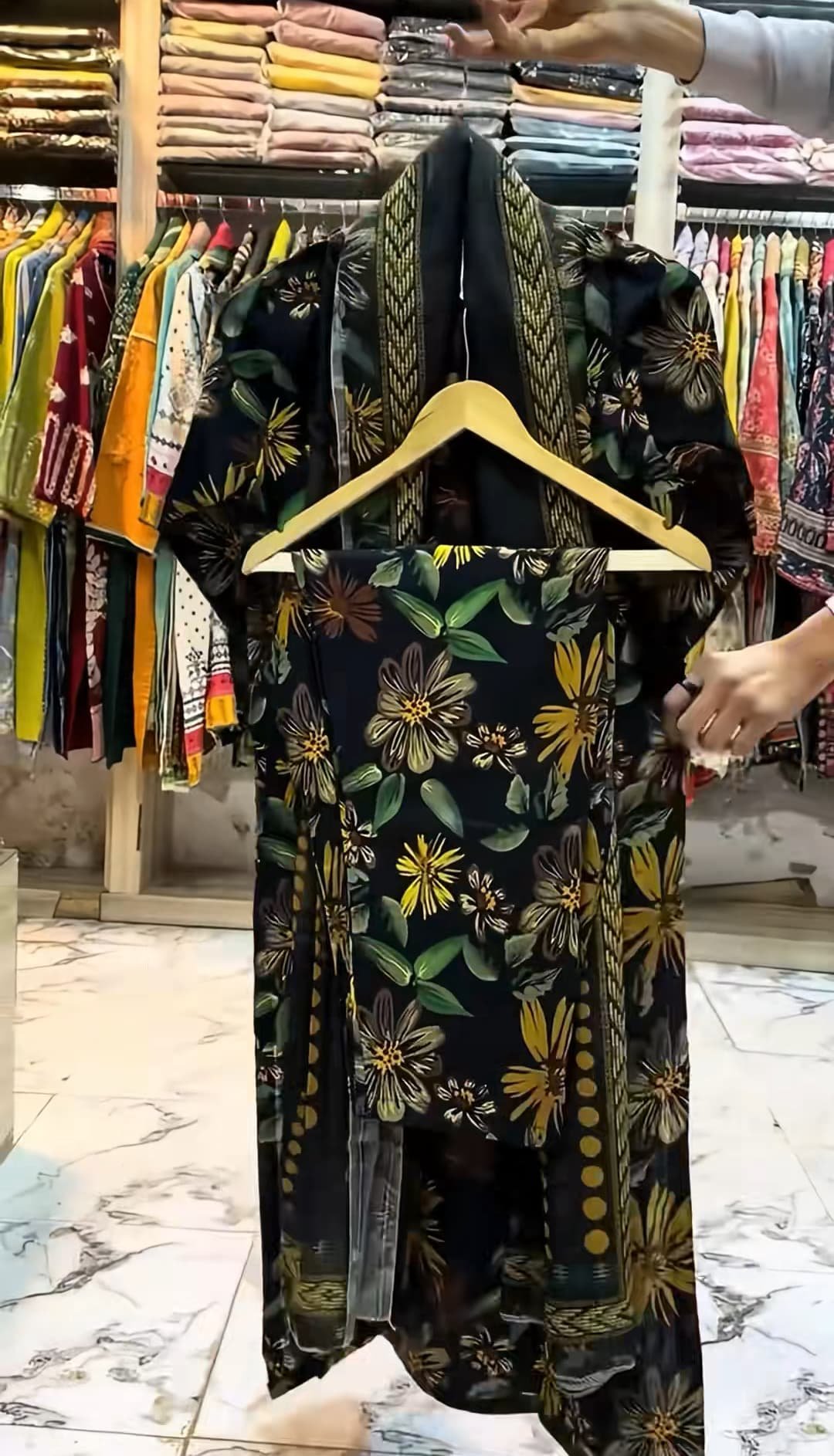 WhatsApp-Image-2025-06-24-at-14.04.49-1.jpeg Black Floral Printed 3-Piece Suit with Yellow Printed Cuffs - Image 2