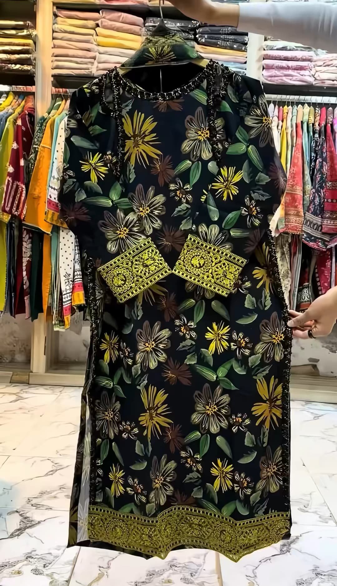WhatsApp-Image-2025-06-24-at-14.04.49.jpeg Black Floral Printed 3-Piece Suit with Yellow Printed Cuffs - Image 3