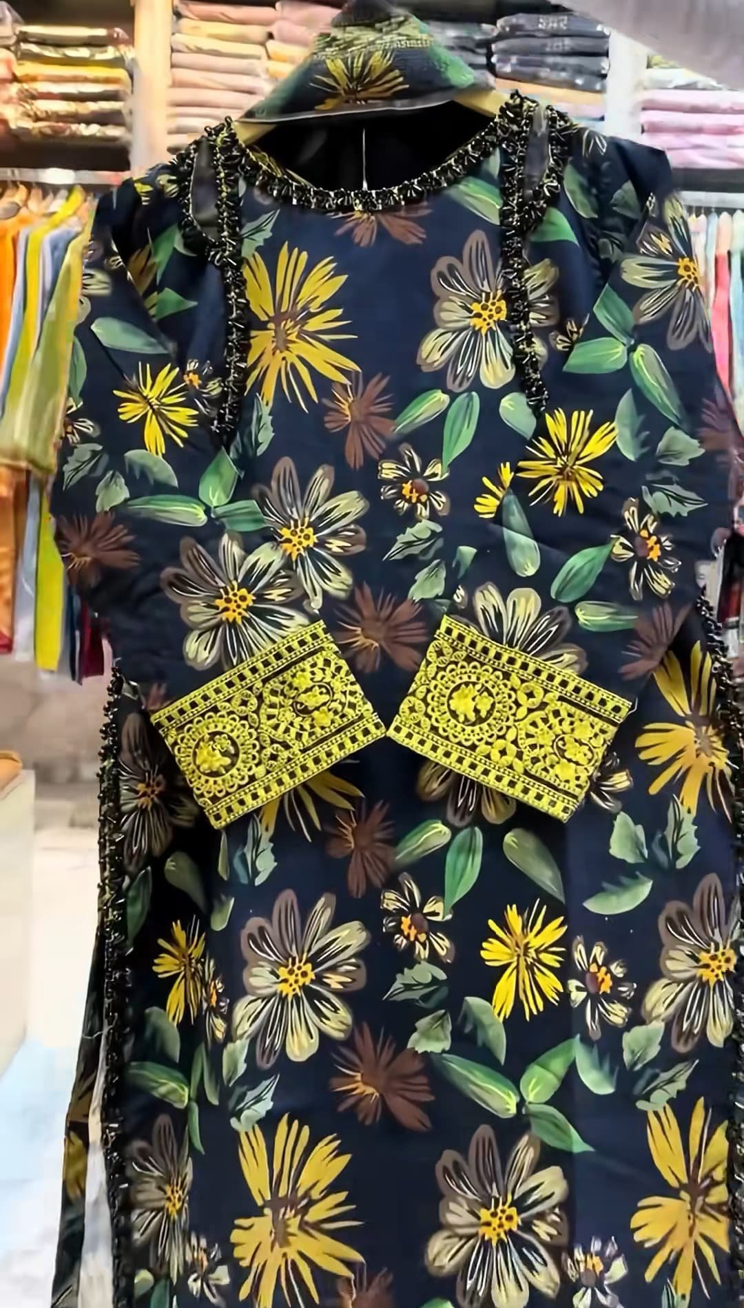 WhatsApp-Image-2025-06-24-at-14.04.50.jpeg Black Floral Printed 3-Piece Suit with Yellow Printed Cuffs - Image 1