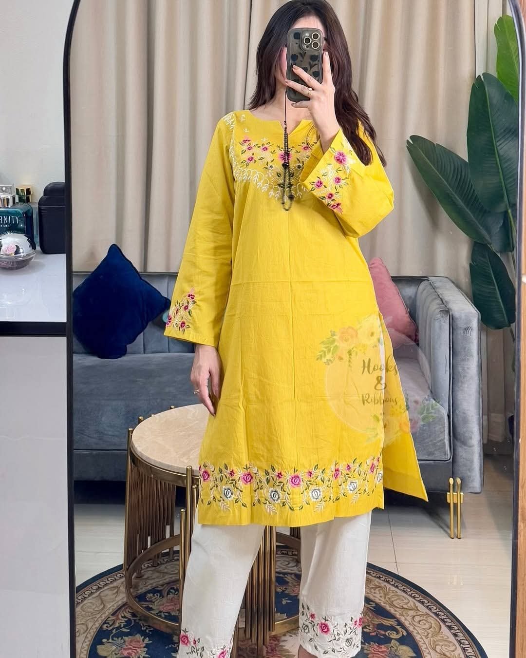 WhatsApp-Image-2025-07-05-at-04.41.53-3.jpeg Yellow Floral Embroidered Cotton Kurti with White Embroidered Trouser Set - Image 2