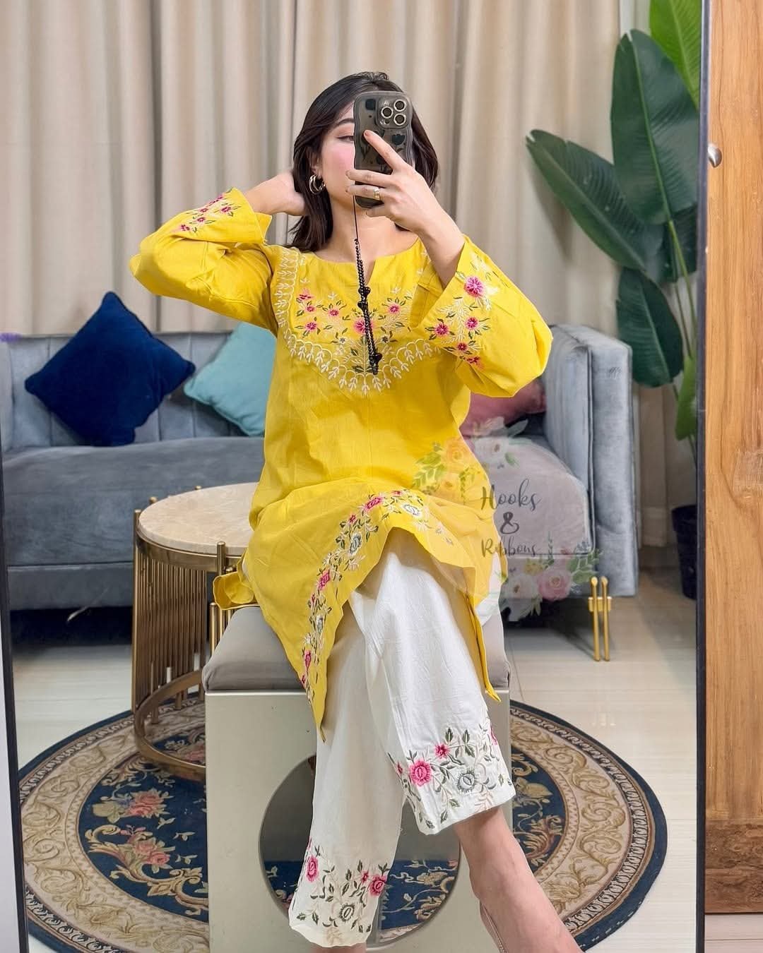 WhatsApp-Image-2025-07-05-at-04.41.54-2.jpeg Yellow Floral Embroidered Cotton Kurti with White Embroidered Trouser Set - Image 5