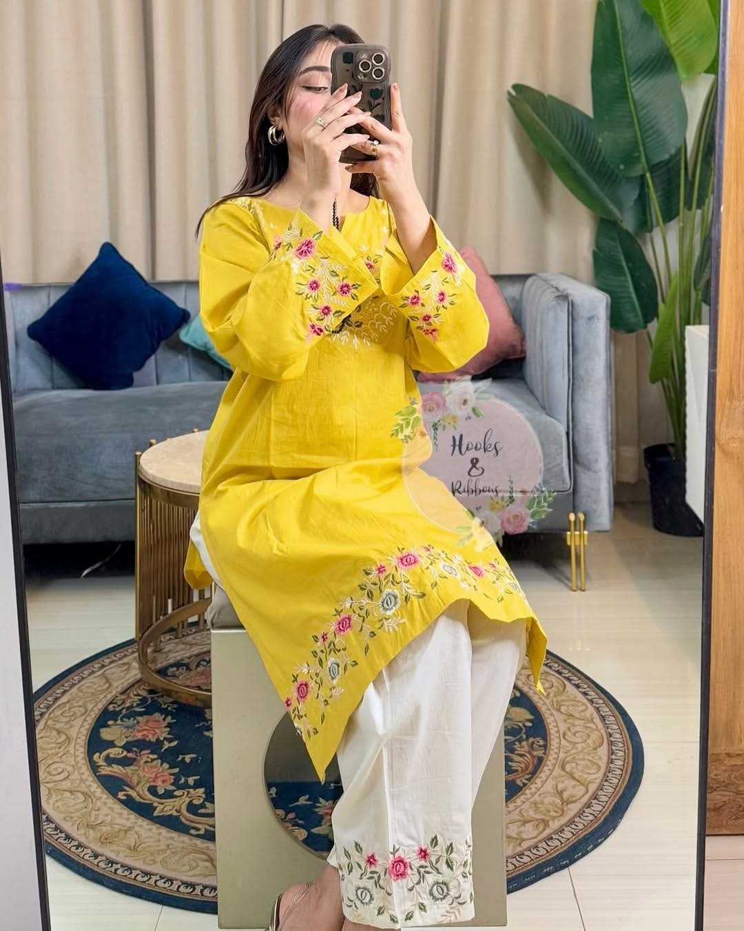 WhatsApp-Image-2025-07-05-at-04.41.55-1.jpeg Yellow Floral Embroidered Cotton Kurti with White Embroidered Trouser Set - Image 4