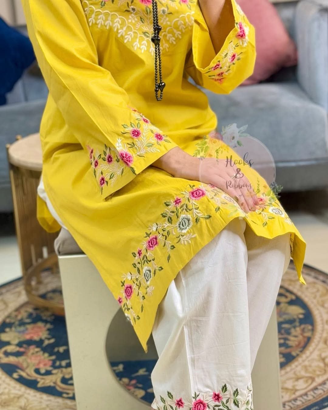 WhatsApp-Image-2025-07-05-at-04.41.55.jpeg Yellow Floral Embroidered Cotton Kurti with White Embroidered Trouser Set - Image 3