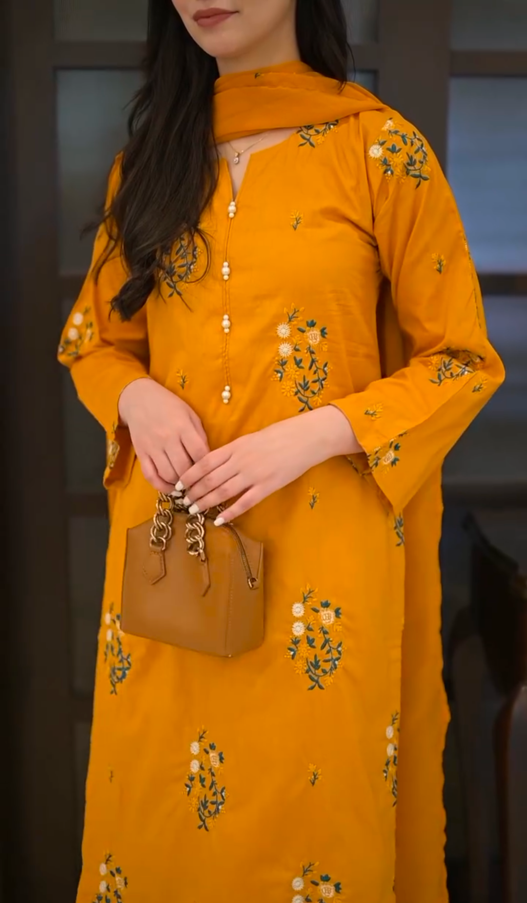 Screenshot_20250805-030347.png Mustard Floral Embroidered 3-Piece stitched Cotton Suit - Image 3