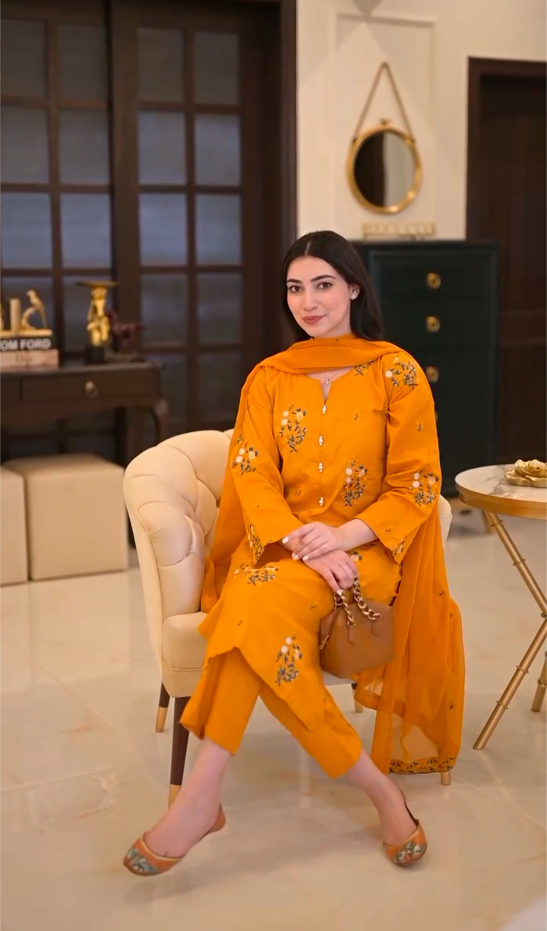Screenshot_20250805-030455.png Mustard Floral Embroidered 3-Piece stitched Cotton Suit - Image 5