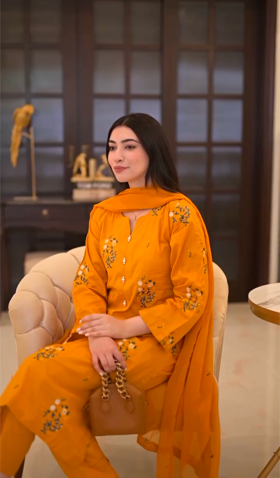 Screenshot_20250805-030520.png Mustard Floral Embroidered 3-Piece stitched Cotton Suit - Image 4