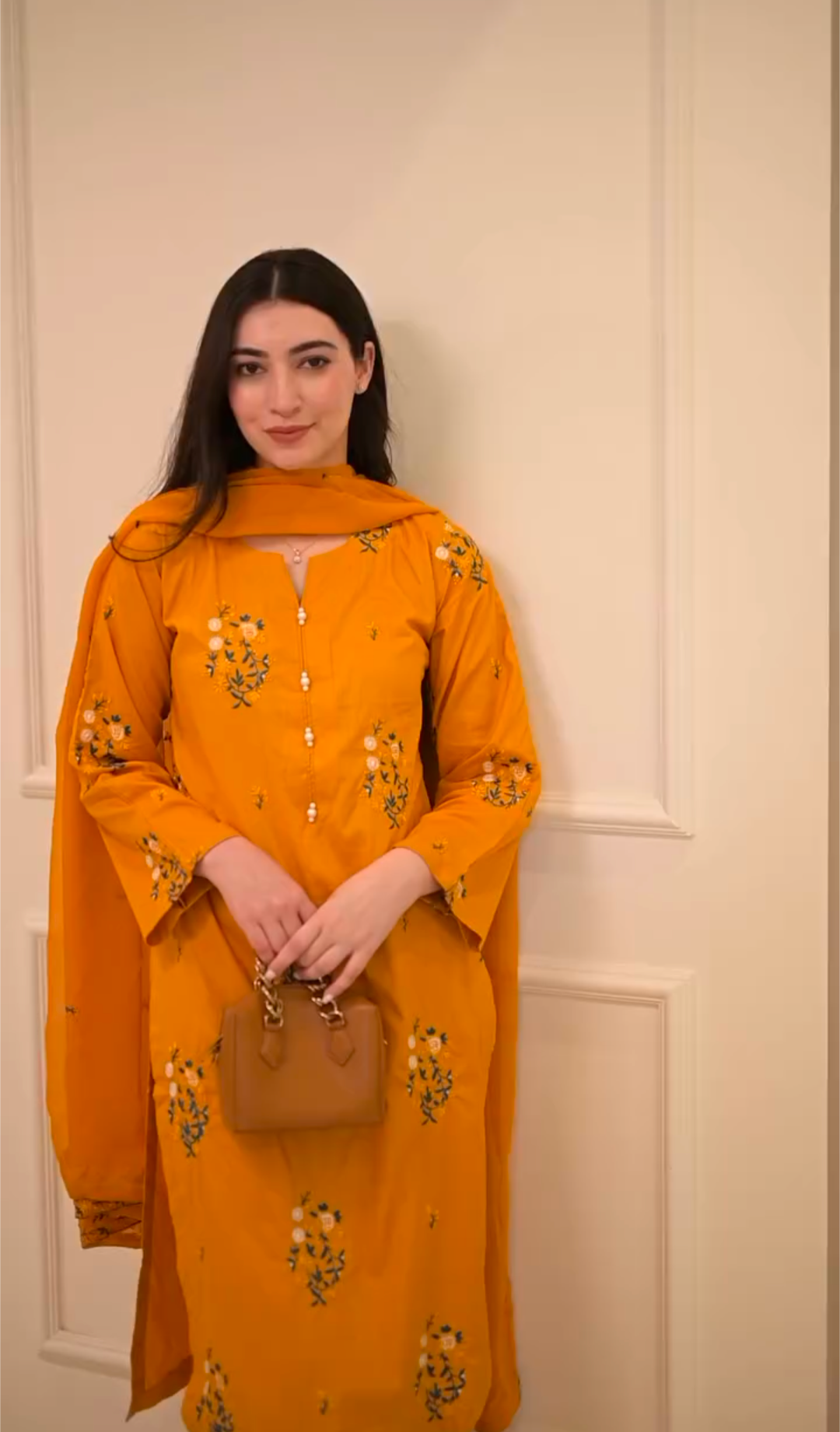 Screenshot_20250805-030539.png Mustard Floral Embroidered 3-Piece stitched Cotton Suit - Image 2