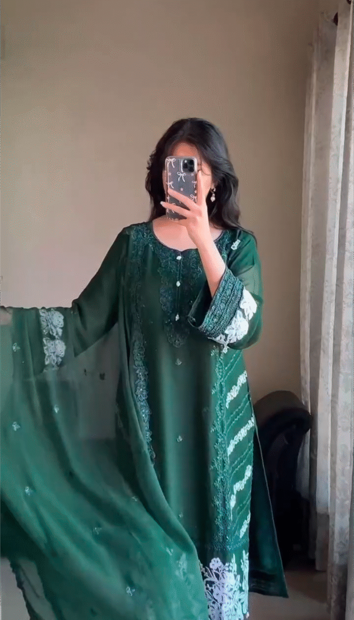 4-Piece Indian Jorjet Embroidered Suit with Inner, Cotton Pants & Chiffon Dupatta - Image 1