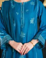 Elegant Teal Blue Embroidered 3-Piece Suit - Image 4