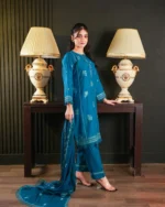 Elegant Teal Blue Embroidered 3-Piece Suit - Image 2